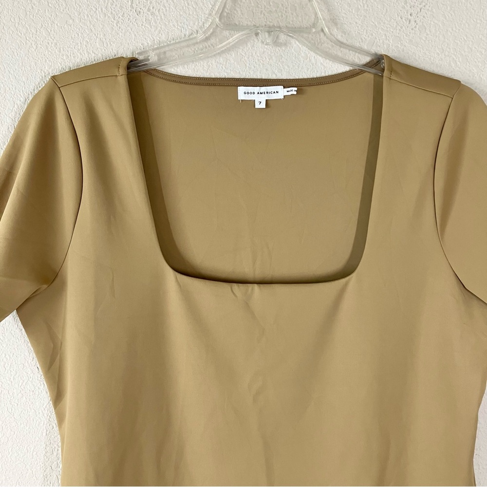 GOOD AMERICAN Scuba Square Neck Bodysuit NEW Short Sleeve Minimalist Tan 4X - Picture 3 of 14